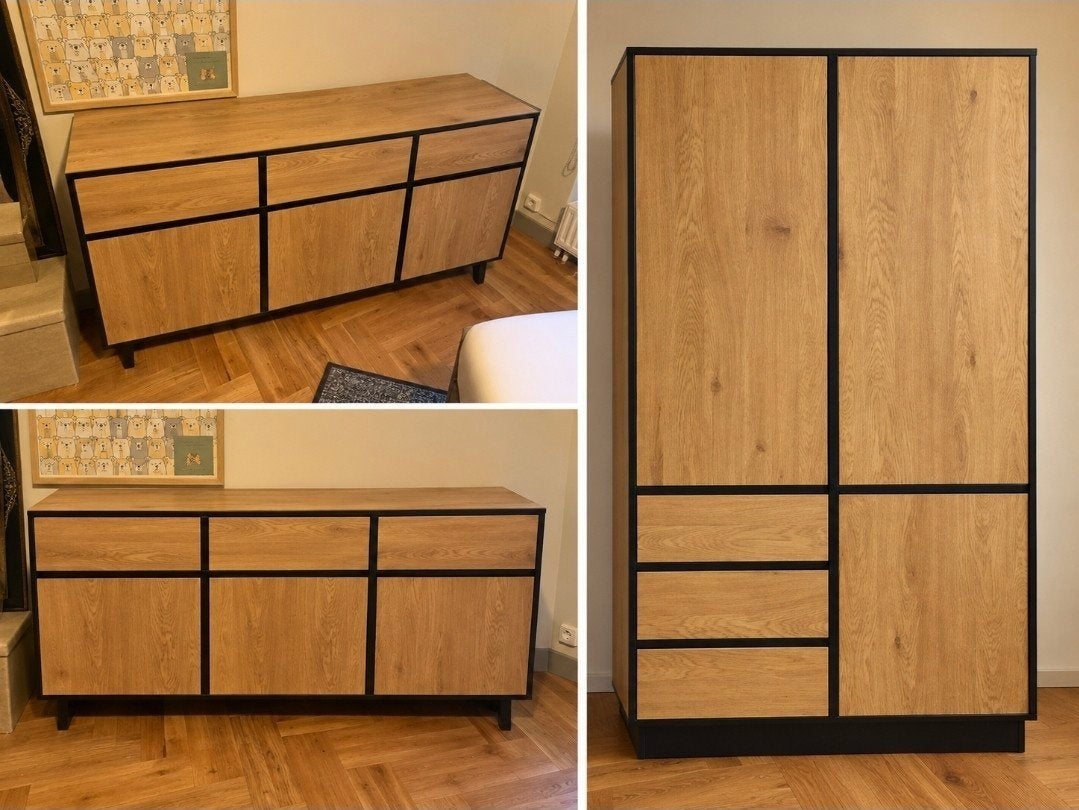 JYSK ODENSE kledingkast + dressoir – warm eiken/zwart, Huis en Inrichting, Kasten | Kledingkasten, Ophalen, 100 tot 150 cm, 200 cm of meer