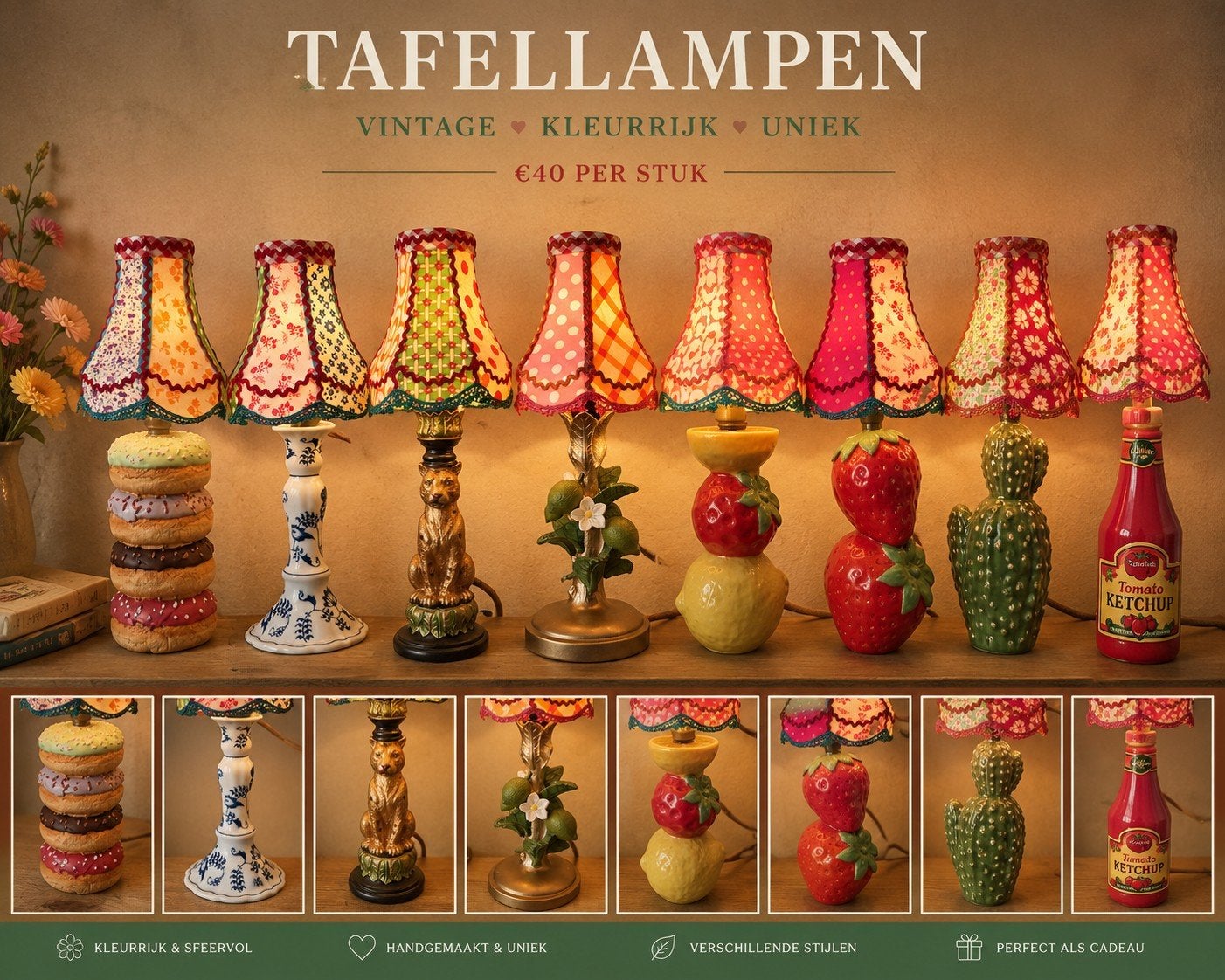 Tafellamp bedlamp schemerlamp lamp, Handgemaakt, Vintage, Meerkleurig, Textiel