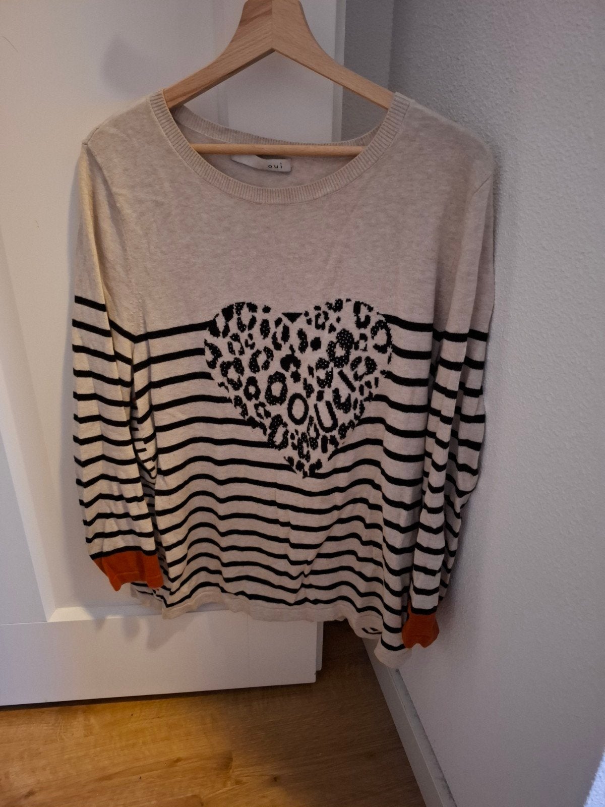 Oui trui met strepen en luipaardprint hart XL, Verzenden, Beige, Maat 42/44 (L), Zo goed als nieuw