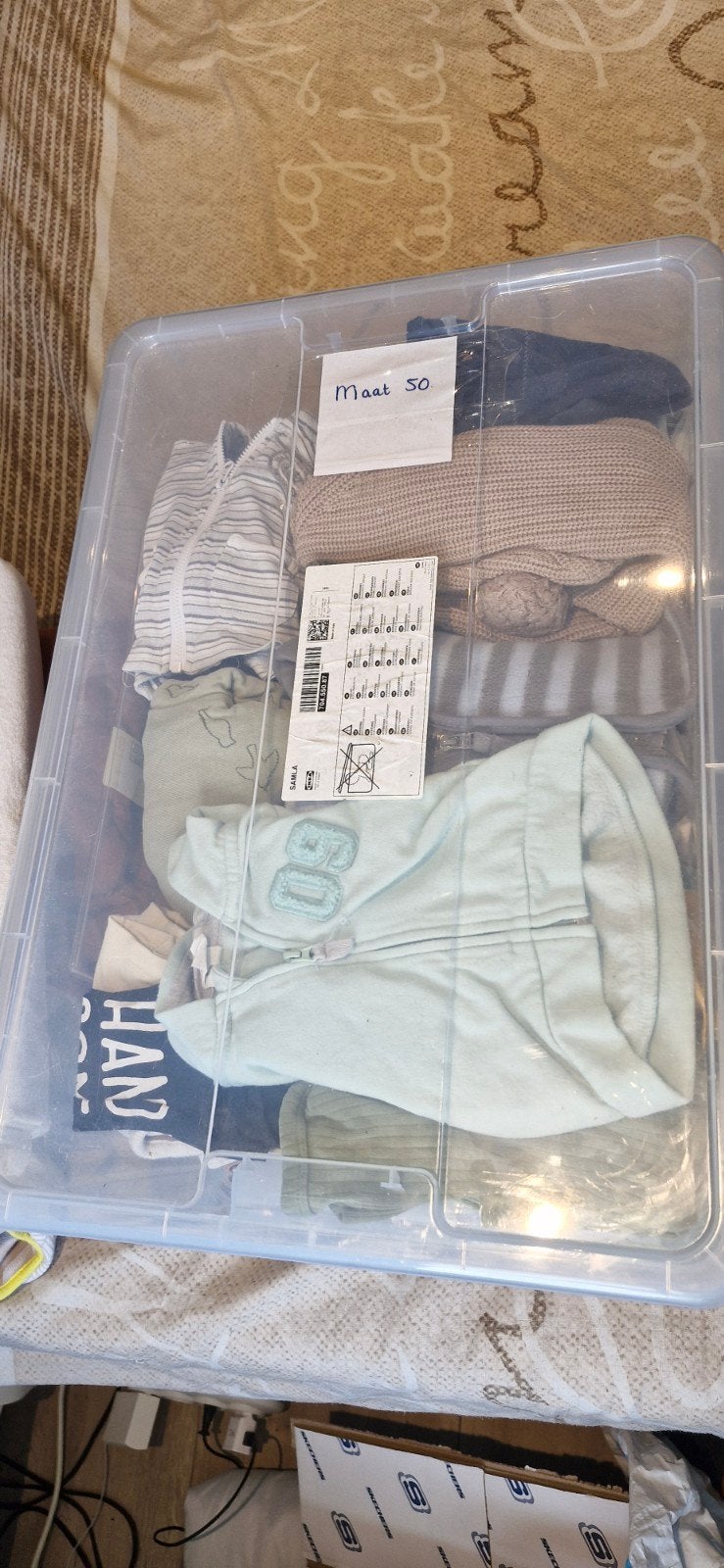 Grote krat vol jongenskleding maat 50, Kinderen en Baby's, Babykleding | Maat 56, Ophalen, Gebruikt, Jongetje, Setje