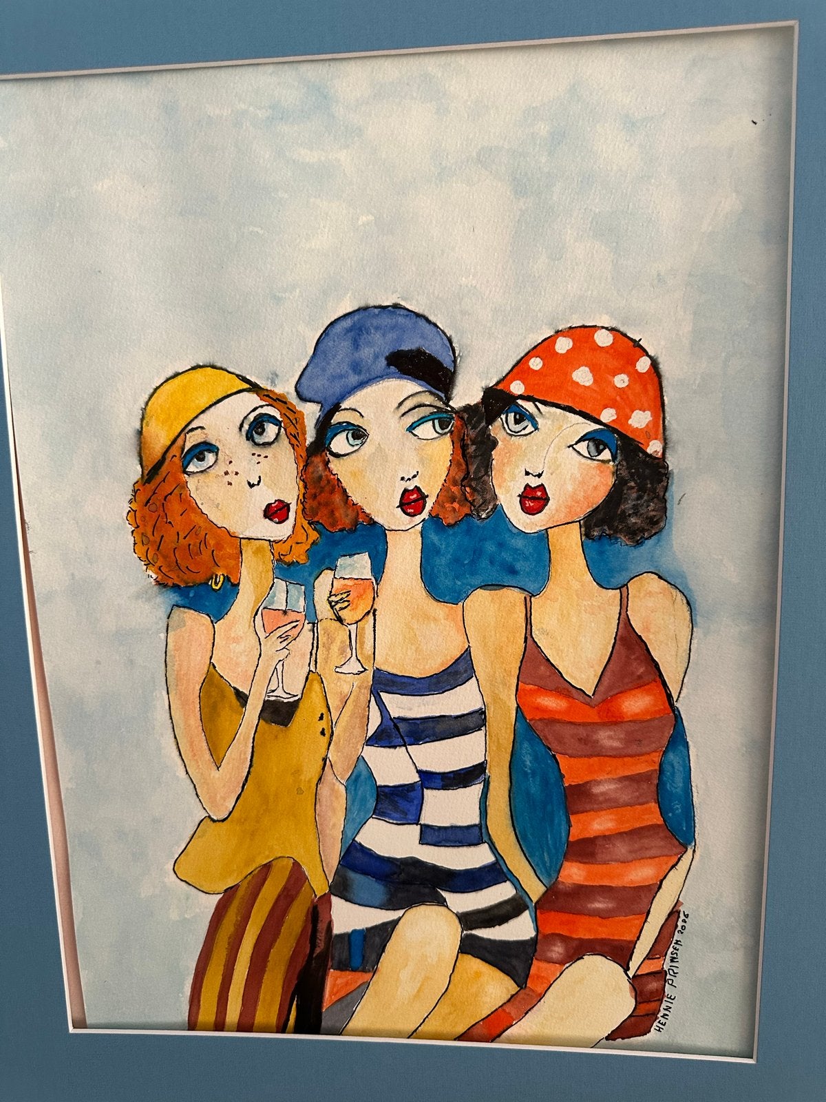 Vrolijke dames met wijn - Aquarel van Hennie Prinssen, Antiek en Kunst, Kunst | Schilderijen | Klassiek, Portret of Personen, Expressionistisch