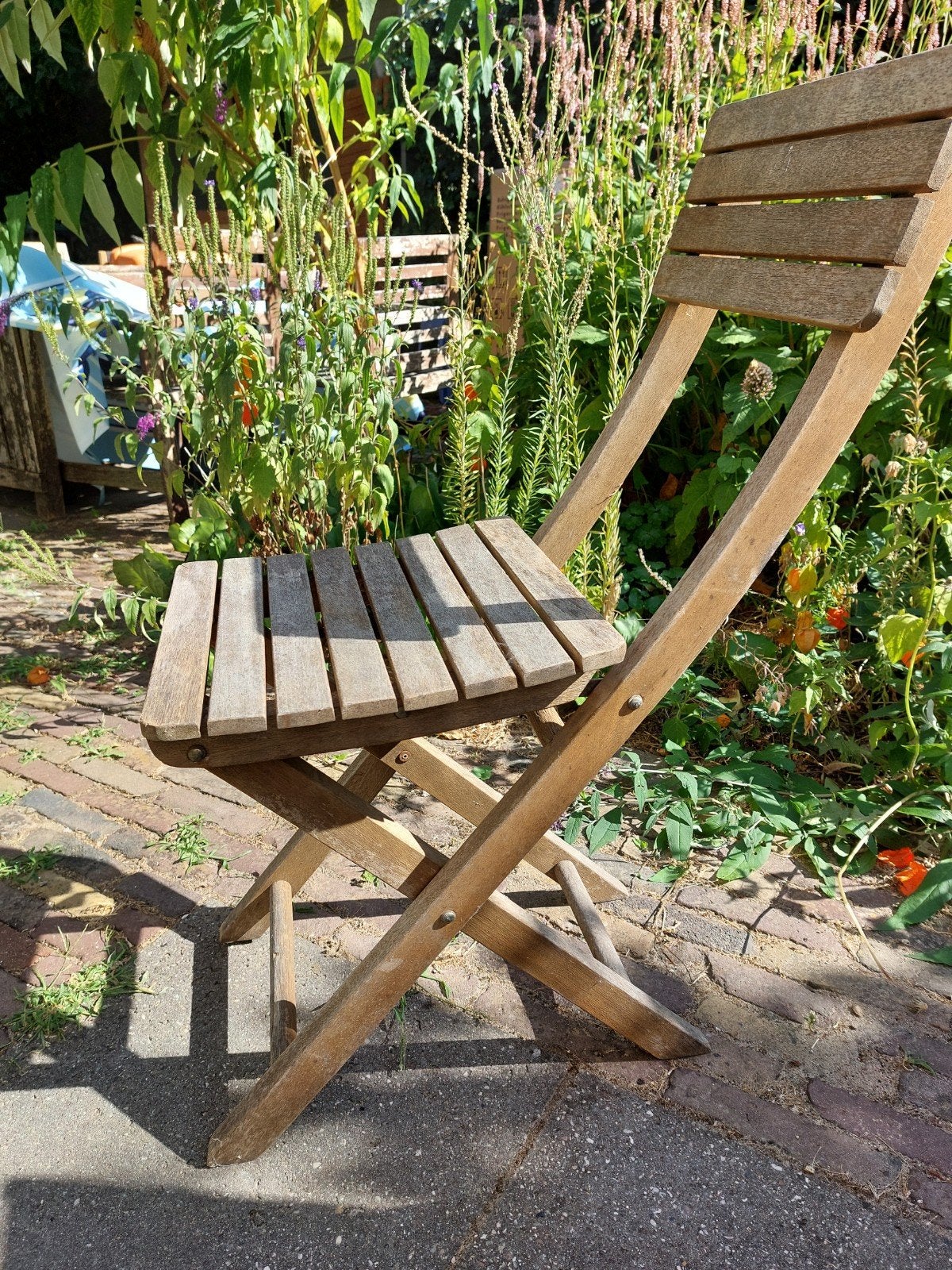 2 leuke houten opklapbare tuinstoelen, 1 verstelbaar, Ophalen, Gebruikt, Hout, Verstelbaar