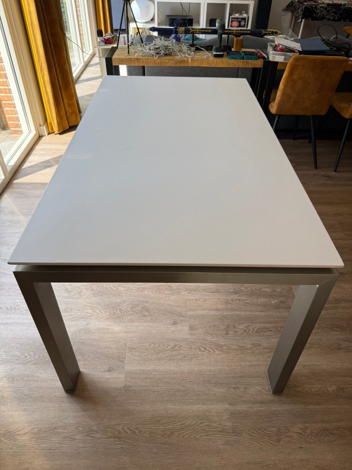 Witte eettafel/bureau met RVS frame 165x90x76, Gebruikt, 50 tot 100 cm, Vijf personen of meer, 150 tot 200 cm