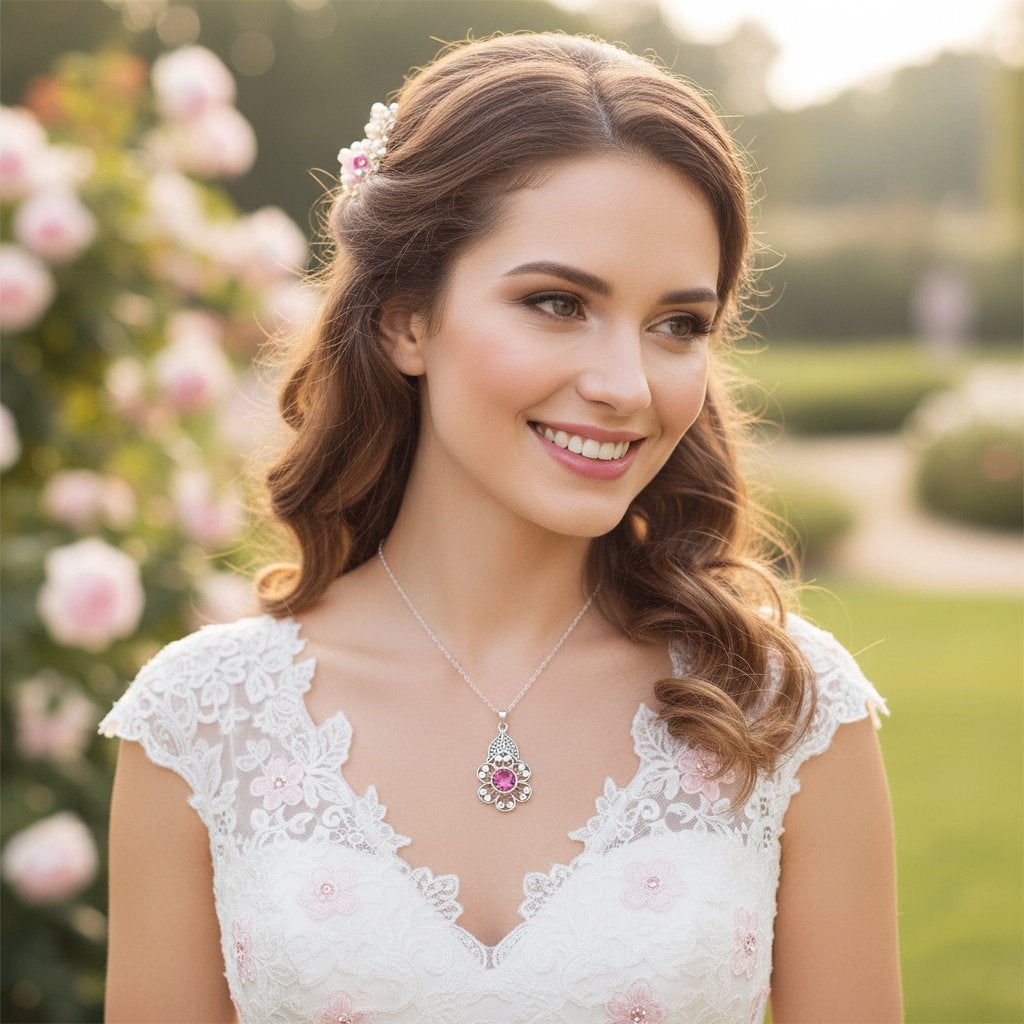 Zilveren ketting met filigrein hanger met roze steen, 835, Info@zilverwebsite.nl, Verzenden, Zo goed als nieuw, Zilverwebsite.nl