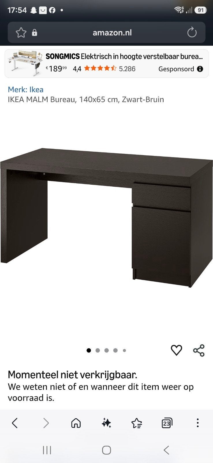 IKEA MALM Bureau Zwart-Bruin 140x65 cm, Ophalen, Spaanplaat of MDF, Zo goed als nieuw, IKEA