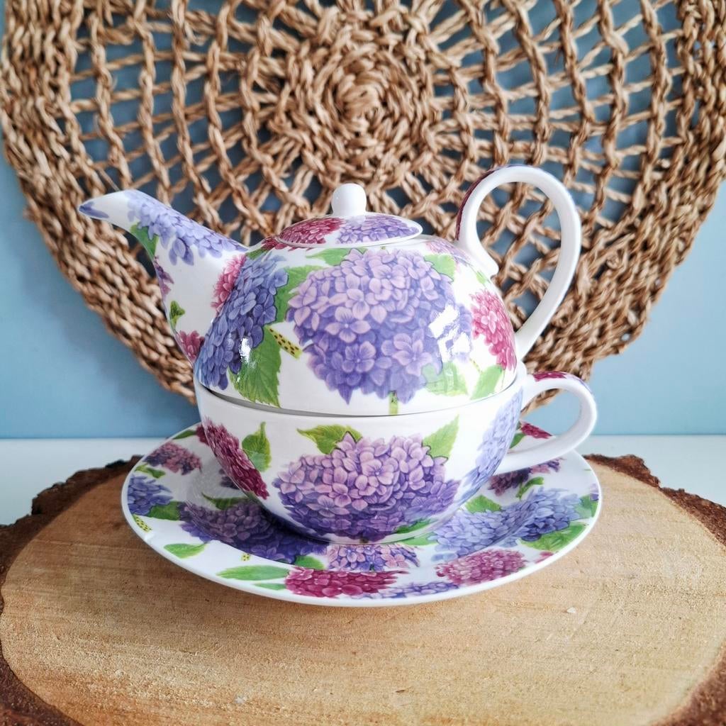 "Tea for One" set met Hortensia design, Ophalen of Verzenden, Porselein