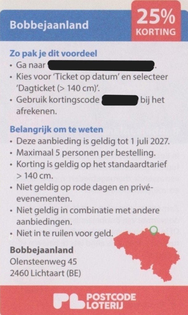 Bobbejaanland. Lichtaart. Belgie. 25% korting. Postcode bon., Drie personen of meer, Kortingskaart
