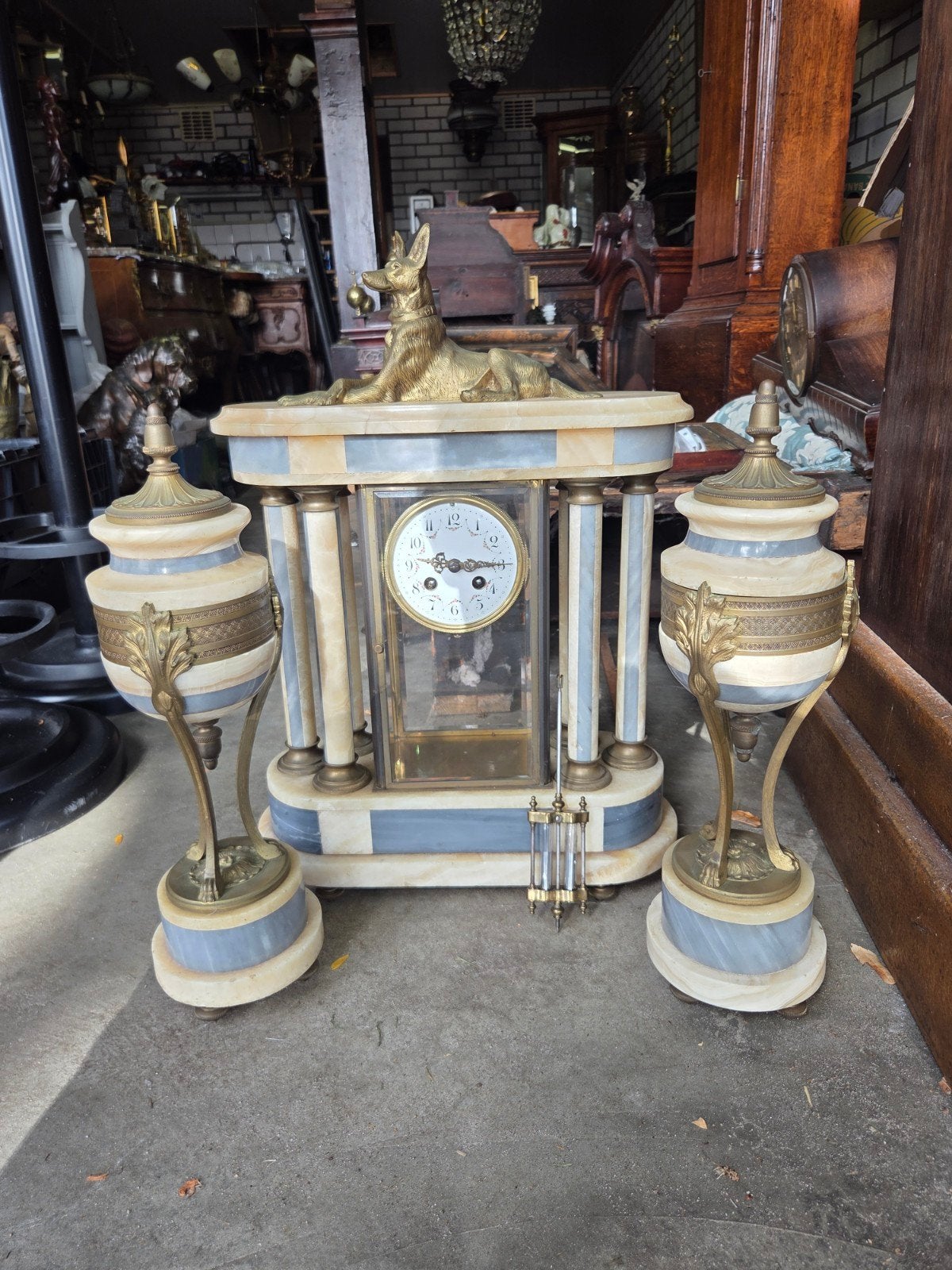 zeer groot art deco stel met bronzen hond, Ophalen