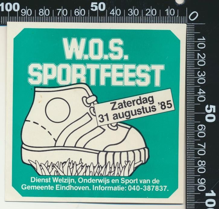 Sticker: WOS Sportfeest 1985 - Gemeente Eindhoven, Ophalen of Verzenden, Zo goed als nieuw, Bedrijf of Vereniging