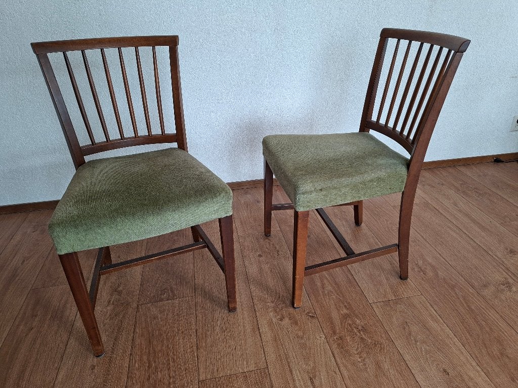 Set van 4 vintage houten stoelen met groene bekleding, Ophalen, Gebruikt, Overige kleuren, Vintage, Klassiek
