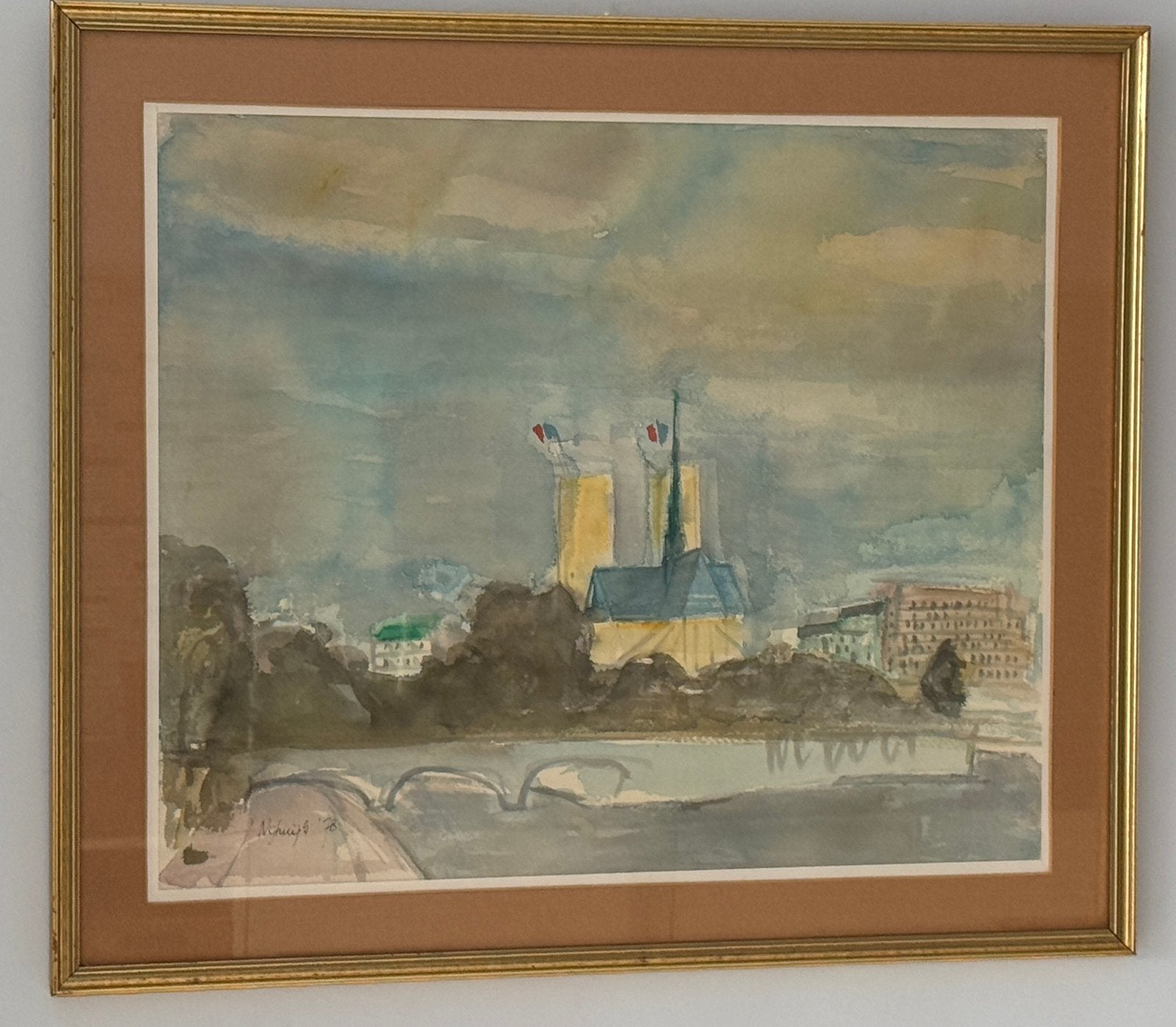 Aquarel "Seine met Notre Dame" - Peter Nijhuijs (1978), Gedateerd, Realistisch, Ophalen of Verzenden, Aquarel