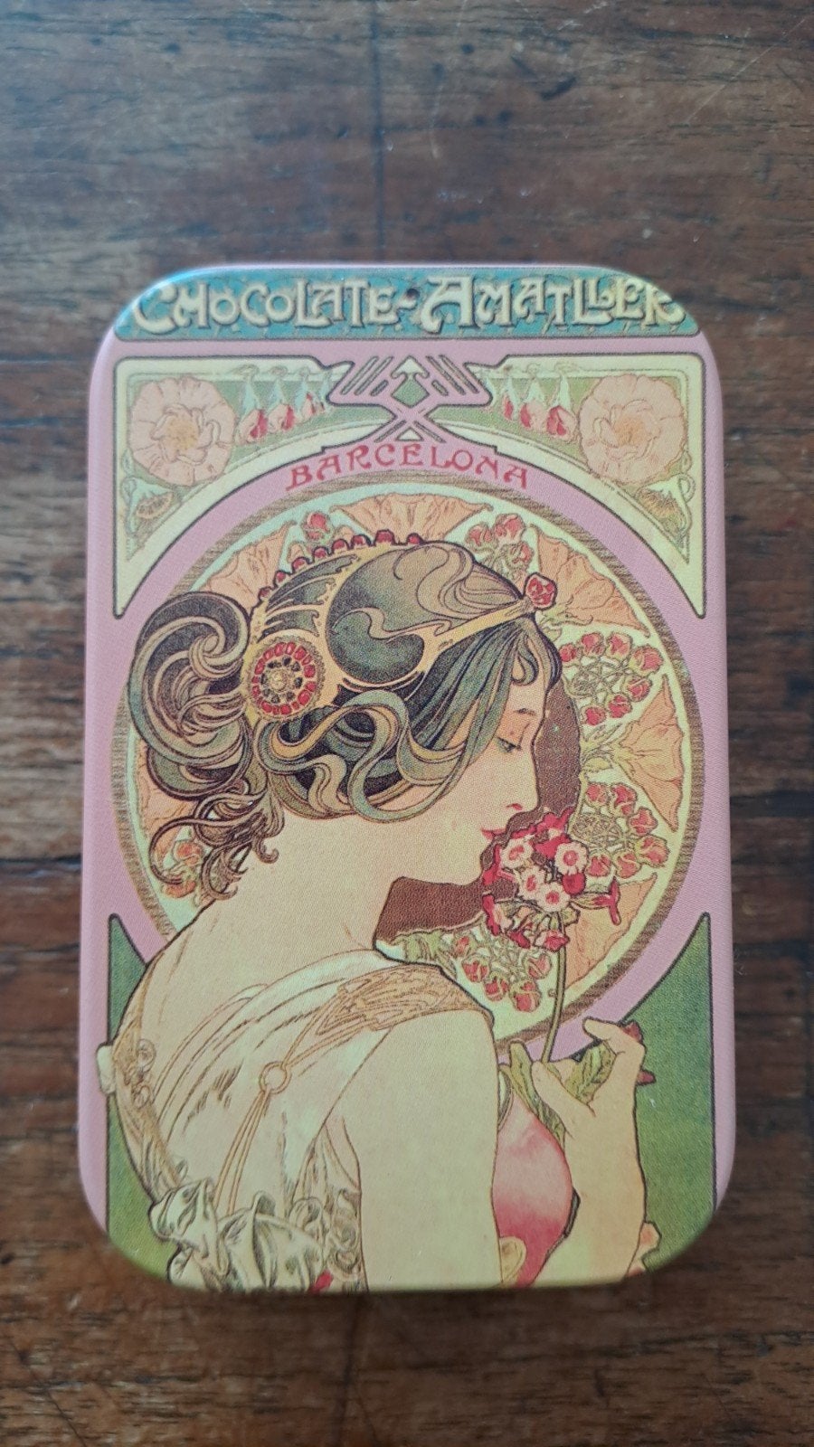Lief blikje Alphonse Mucha Chocolate Amatller Barcelona, Ophalen of Verzenden, Gebruikt