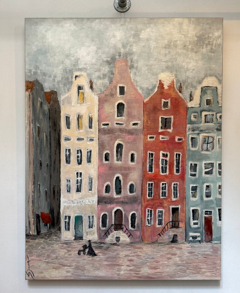 Schilderij stadsgezicht Amsterdam, Ophalen, Handgeschilderd, Stadsgezicht, Overige technieken