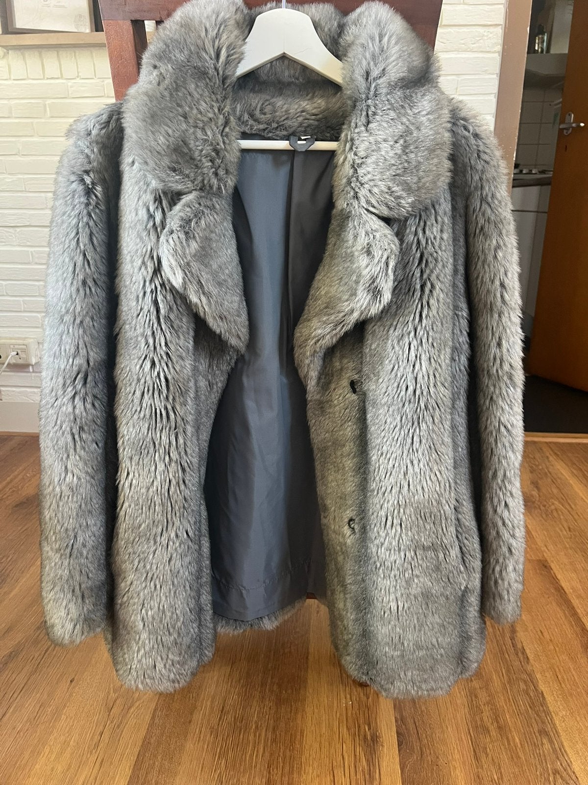 Vintage Pelsjas Grijs, Ophalen, Zo goed als nieuw, Maat 46/48 (XL) of groter, Grijs