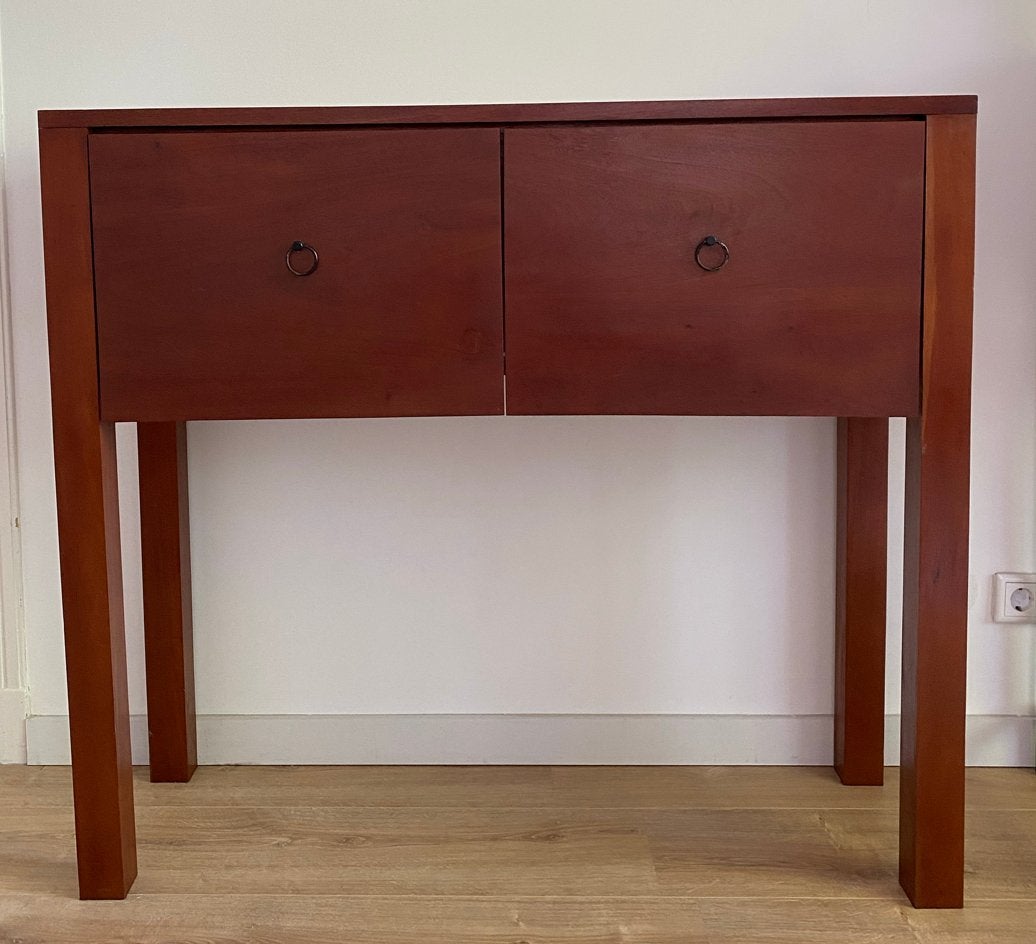 Mahonie houten dressoir met twee lades, Ophalen, Gebruikt, 50 tot 100 cm, Met lade(s)