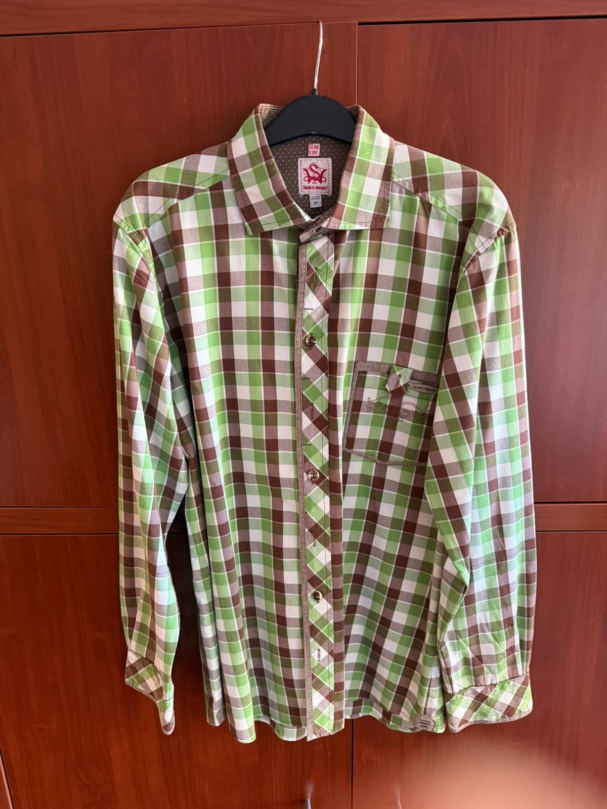 Trachtenhemd, Groen bruin maat M, slim fit, Kleding | Heren, Ophalen of Verzenden, Gedragen, Bruin, Halswijdte 39/40 (M)