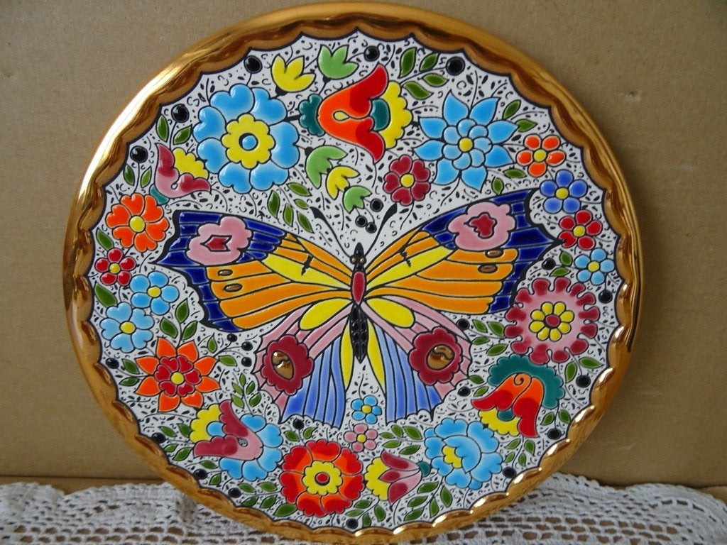 Vintage rijkelijk verguld majolica wandbord Cearco Spain21cm, Ophalen of Verzenden