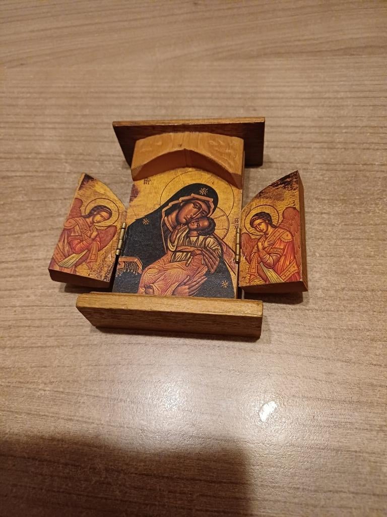 Houten icoon Maria met kind en engelen, Ophalen of Verzenden