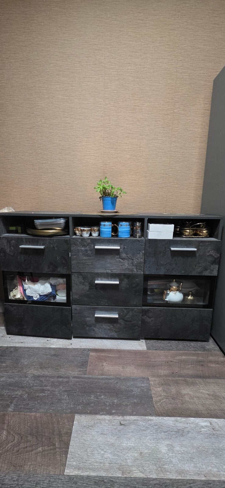 Moderne TV-kast met lades en open vakken, Gebruikt, 150 tot 200 cm, Ophalen of Verzenden, Modern
