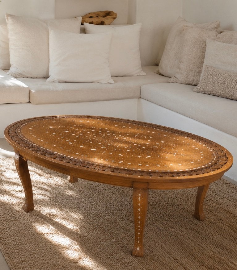 Vintage Indiase Hoshiarpur salontafel –handgemaakt inlegwerk, Huis en Inrichting, Ophalen, 100 tot 150 cm, 50 tot 100 cm, Zo goed als nieuw