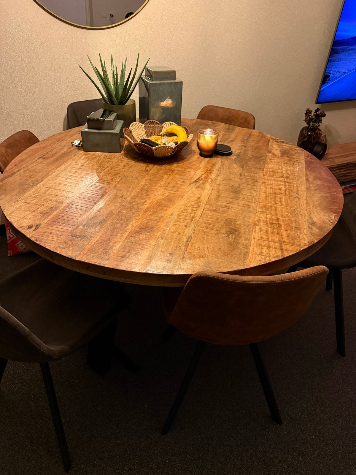 Ronde mangohouten eettafel, Huis en Inrichting, Ophalen, 100 tot 150 cm, Rond, Zo goed als nieuw