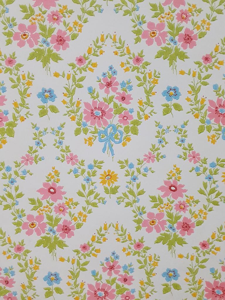 13676 Vintage bloemen behang met strikjes op wit swiet, Verzenden, Blauw