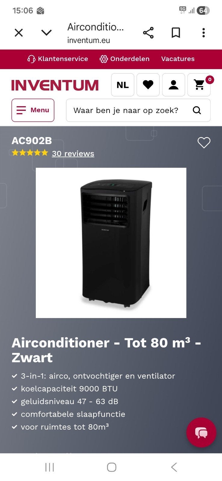 Airco Inventum, Ophalen, Zo goed als nieuw, Mobiele airco, 3 snelheden of meer