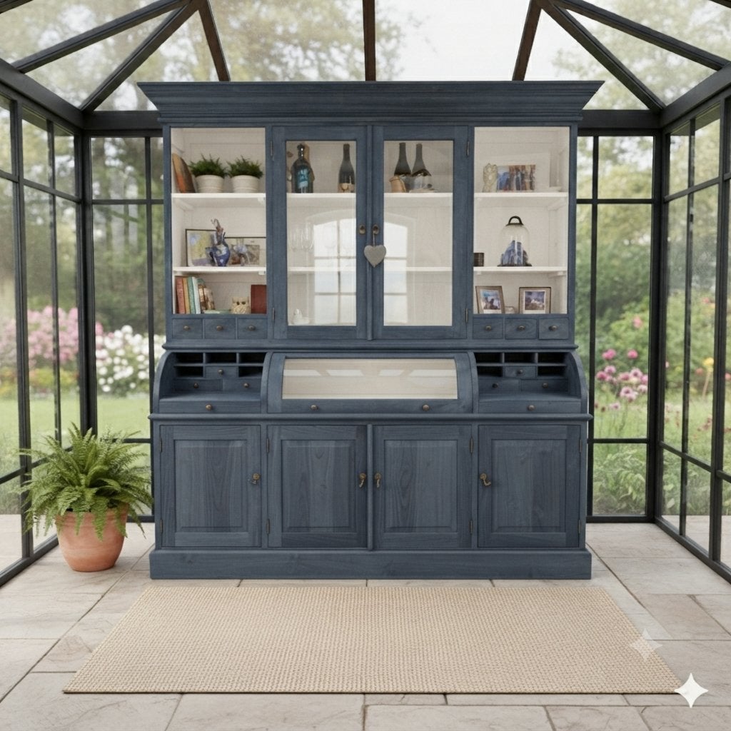 Unieke Teak Buffetkast Vitrinekast Blauw (gratis bezotging), Huis en Inrichting, Kasten | Vitrinekasten, 200 cm of meer, Glas