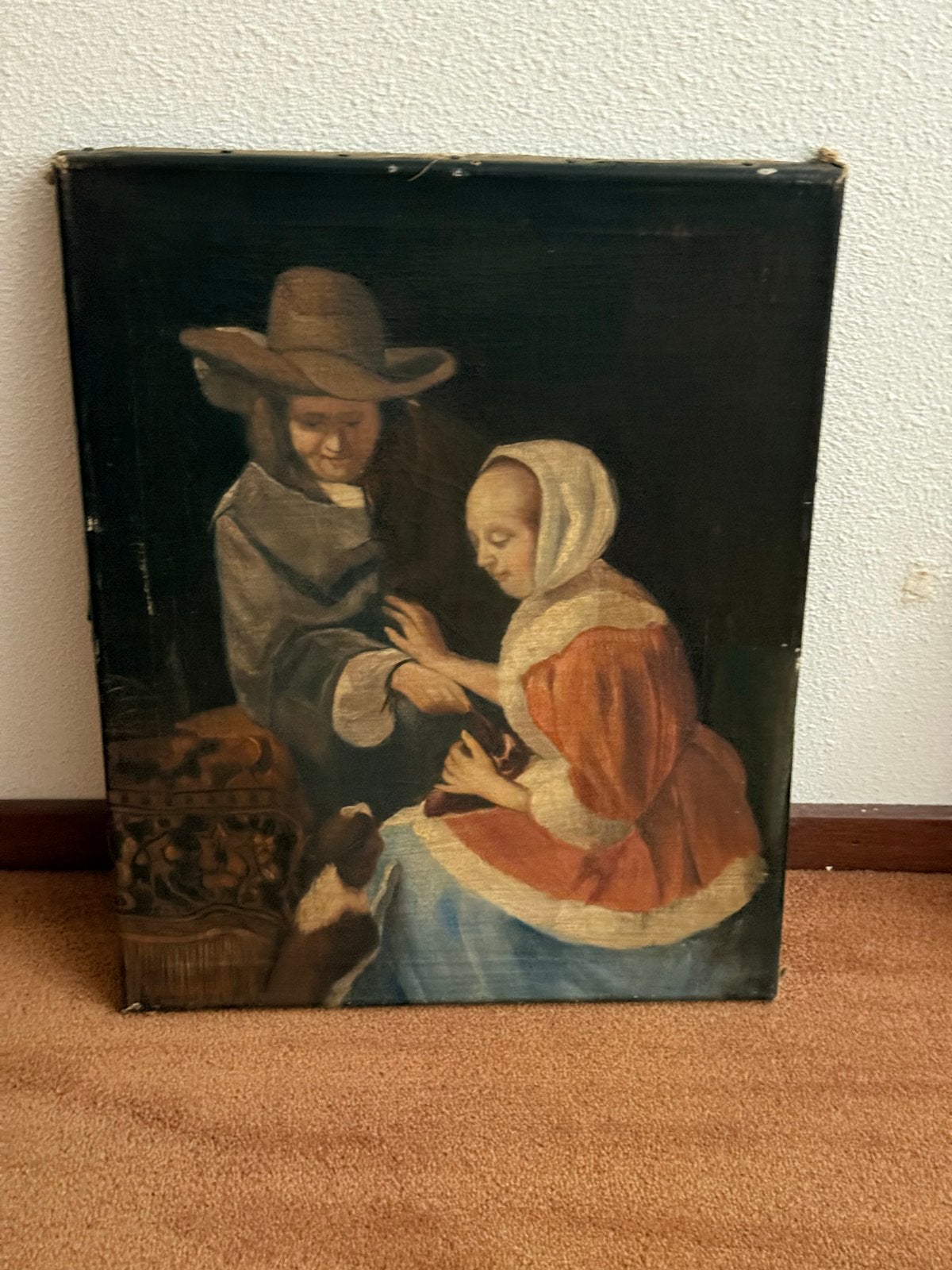 Oud Hollands schilderij: Man, vrouw en hondje, Doek, Portret of Personen, Oud hollands, Ophalen of Verzenden