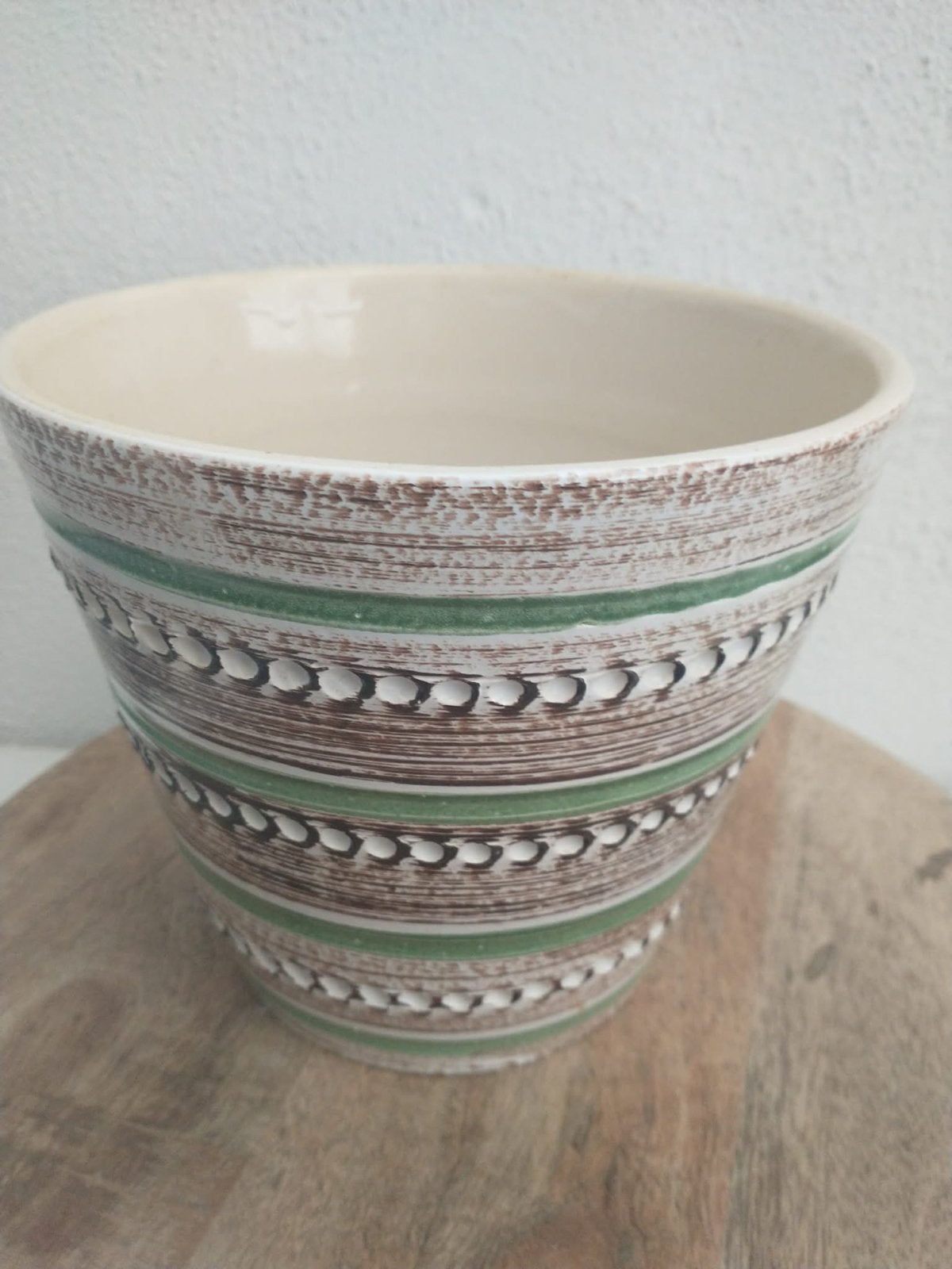 Vintage bloempot met groen en bruin patroon, Antiek en Kunst, Ophalen of Verzenden