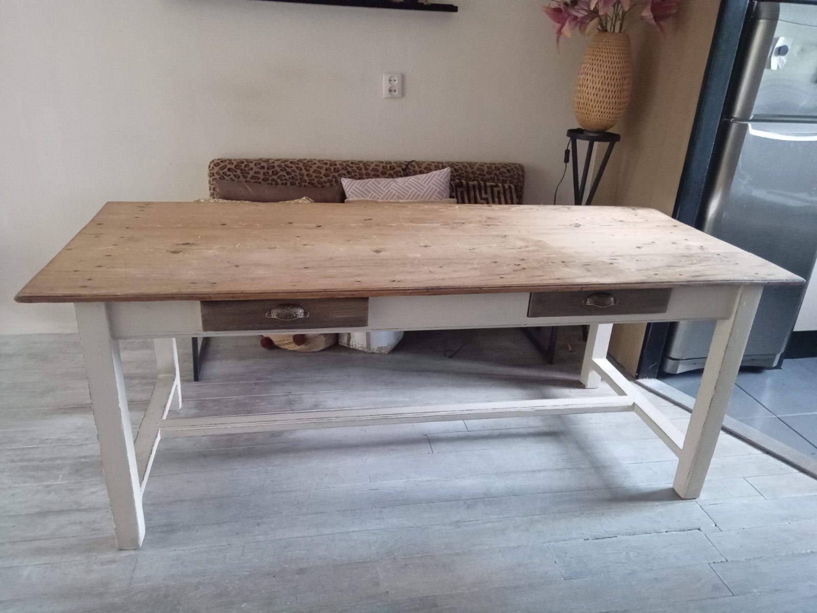 Brocante/landelijke eettafel met bronskleurige lades, Ophalen, Rechthoekig, 200 cm of meer, 50 tot 100 cm