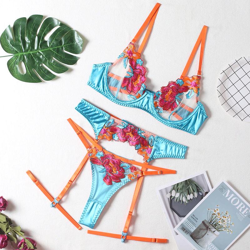Blauw doorzichtig lingerie setje string bh jarretels sexy, Verzenden, Blauw, Setje