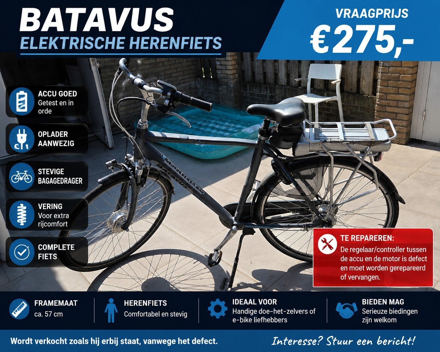 Batavus E-bike herenfiets - accu goed, controller defect, 55 tot 59 cm, Ophalen of Verzenden, Gebruikt, Batavus