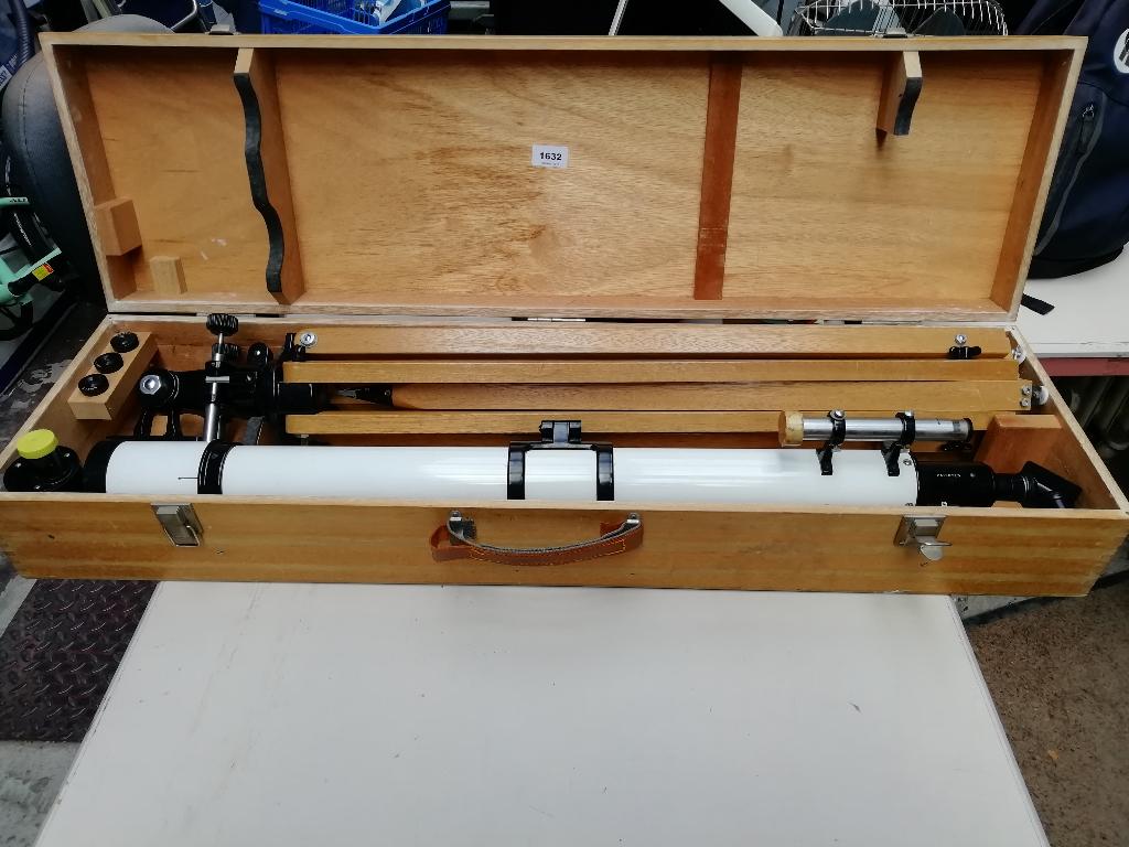 Vintage Polarex telescoop compleet in houten kist, Ophalen, Gebruikt, Lenzentelescoop (refractor), Met statief