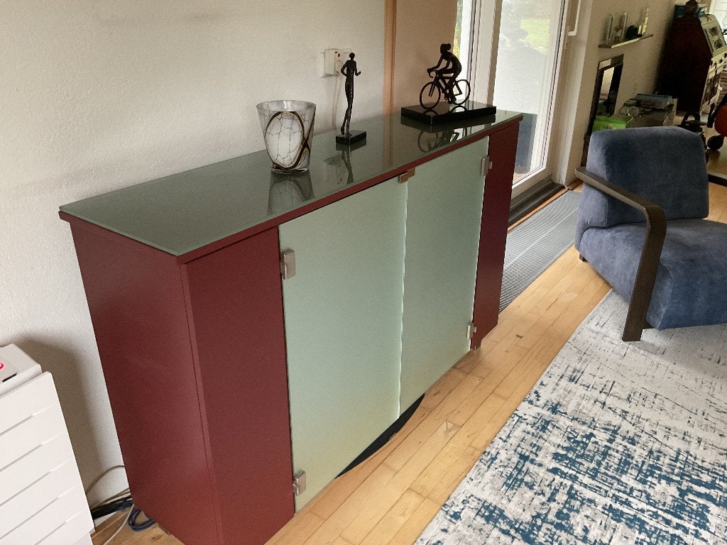 TV meubel bordeauxrood met losse glasplaat, Gebruikt, 100 tot 150 cm, 150 tot 200 cm, Ophalen of Verzenden