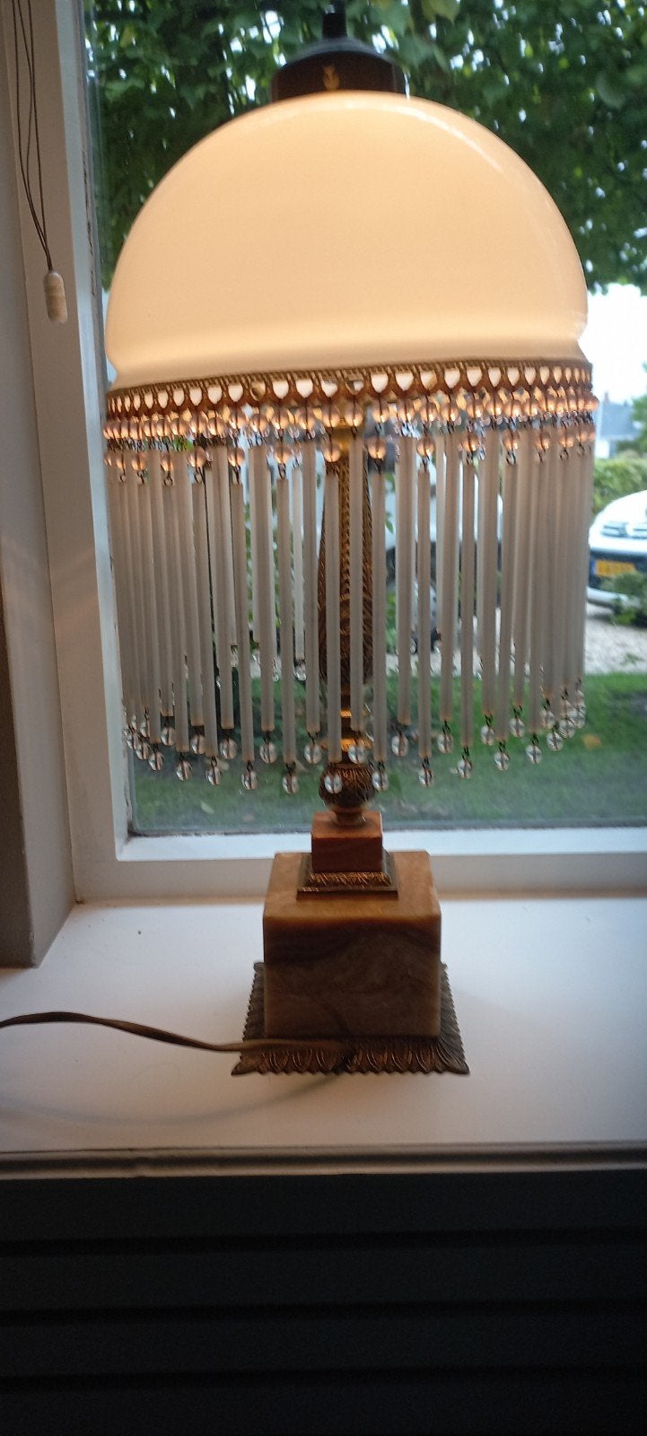 Vintage Tafellamp met Marmeren Voet en Glazen Hangers, Ophalen of Verzenden