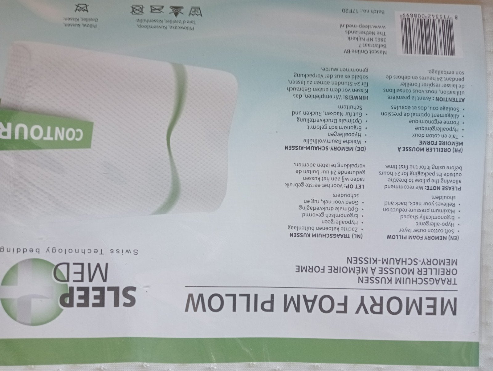 Sleep Med Memory Foam Kussen - Ergonomisch & Hypoallergeen, Ophalen, Eenpersoons, Wit, Nieuw