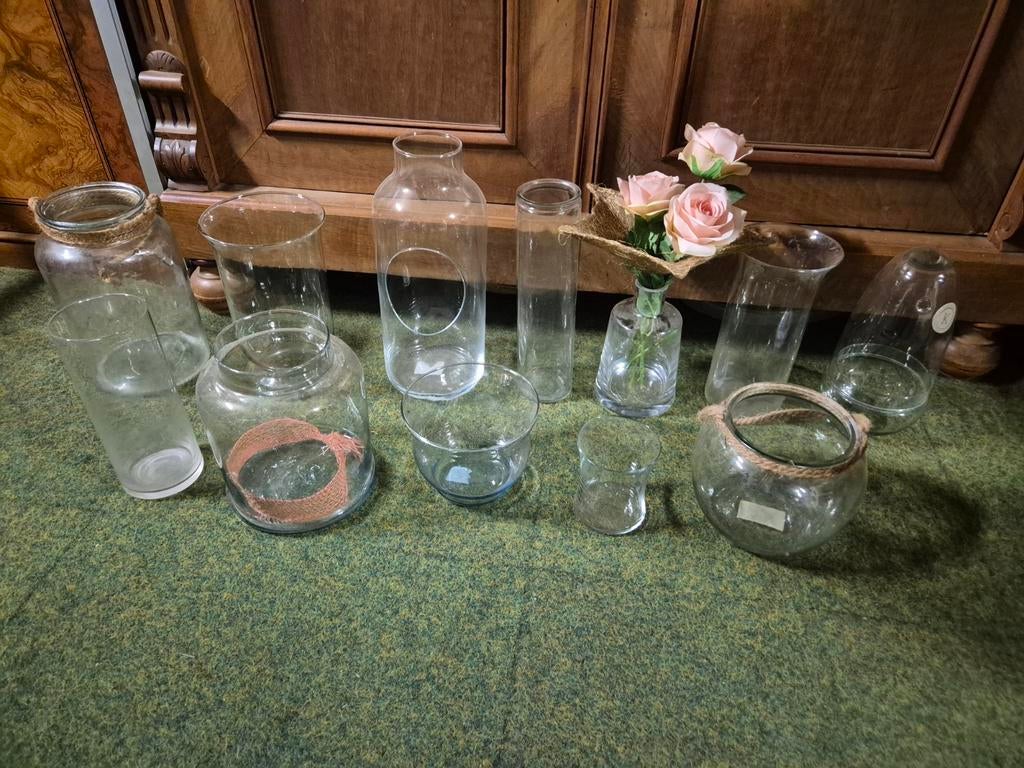 Partij diverse glazen vazen en potten, Ophalen, Overige kleuren, Glas, Minder dan 50 cm
