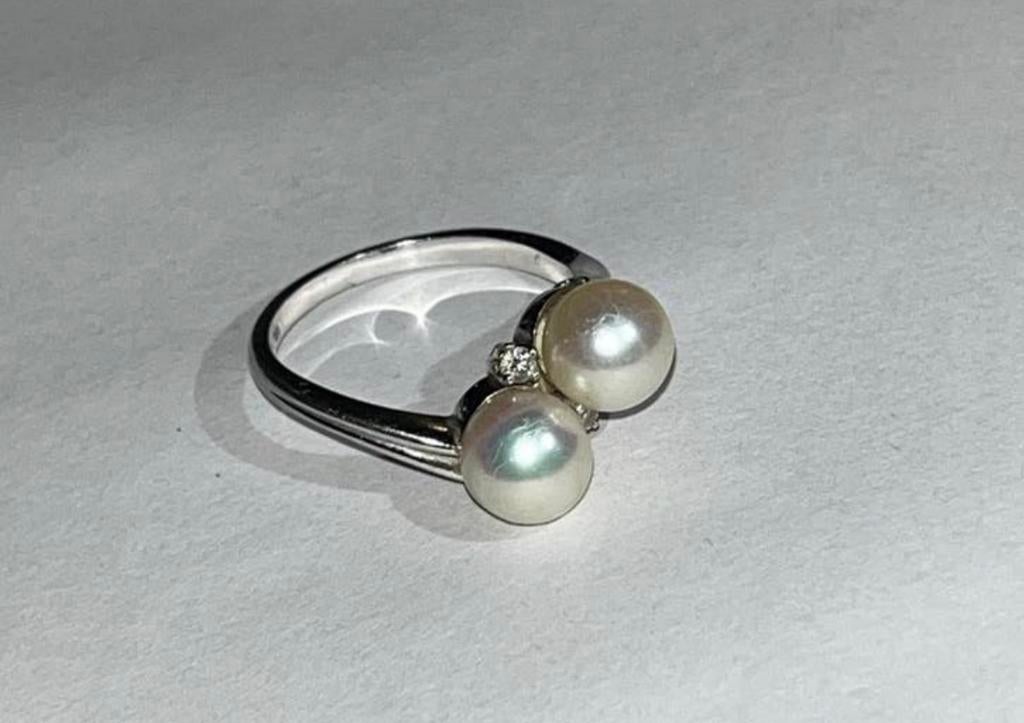 14 karaat witgouden ring met diamanten en parels, Wit, Ophalen of Verzenden, Zo goed als nieuw, 17 tot 18