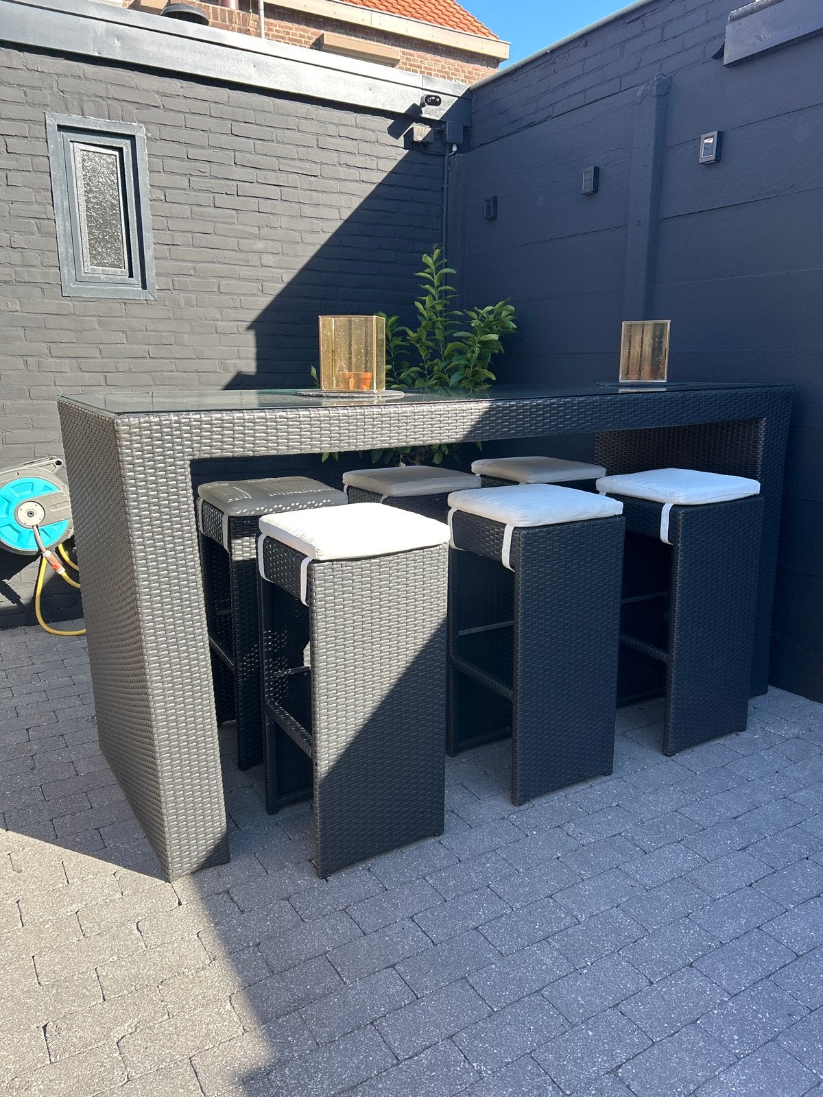 Bartafel met 6 krukken en glasplaat, Tuin en Terras, Ophalen, Gebruikt, Rechthoekig, Overige materialen