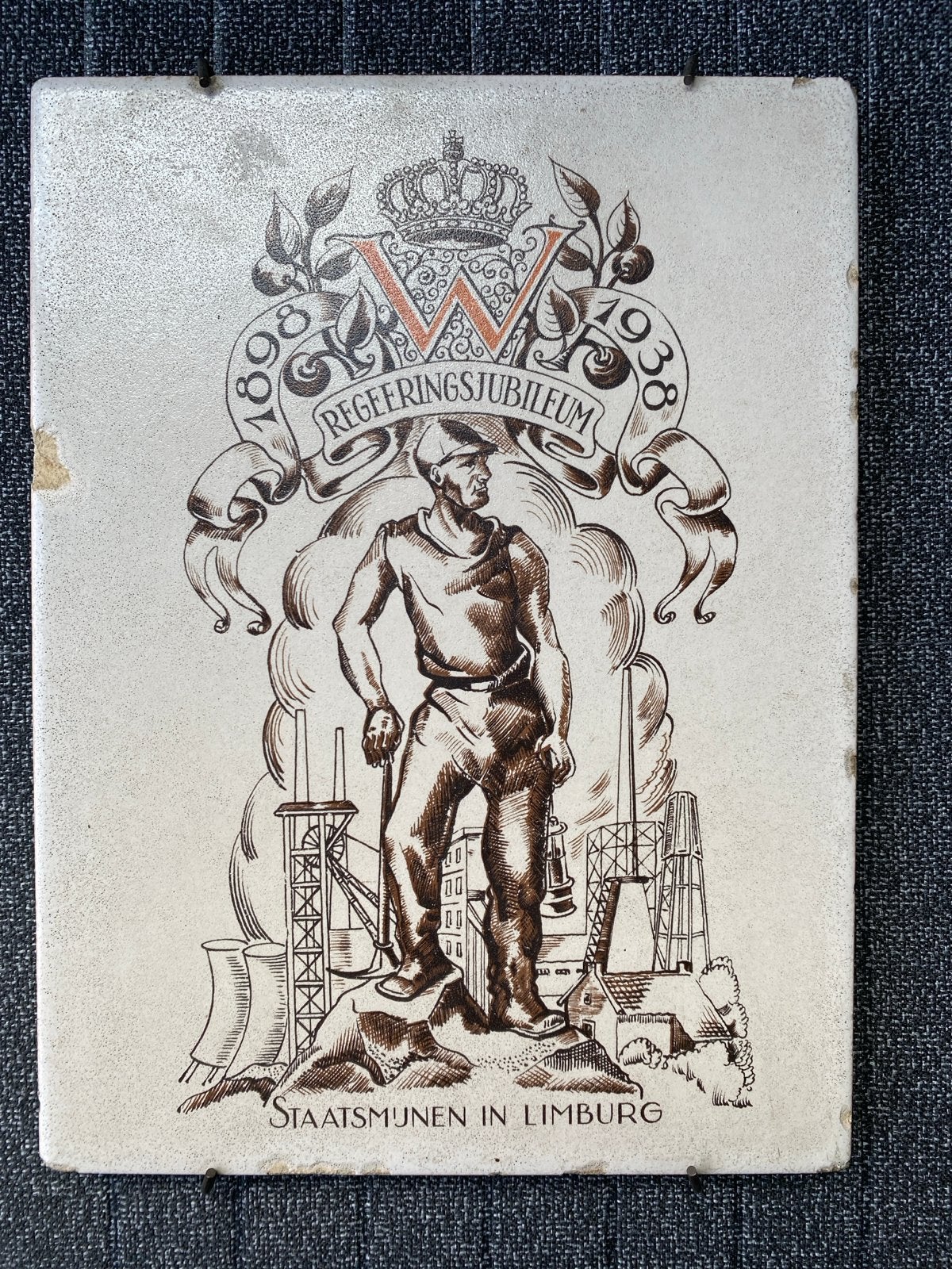 Regeringsjubileum Staatsmijnen Limburg tegel 1908-1938, Ophalen of Verzenden