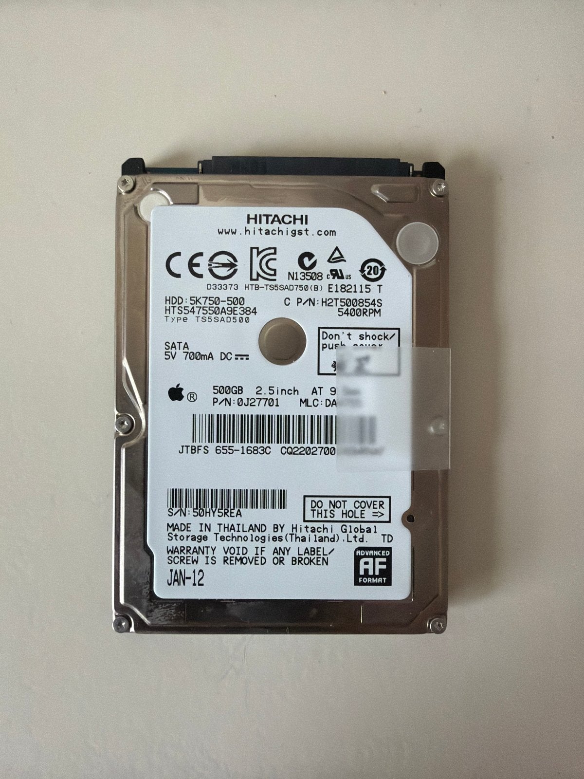 Hitachi 500GB SATA HDD - Apple geformatteerd, Intern, Ophalen of Verzenden, Zo goed als nieuw, Laptop