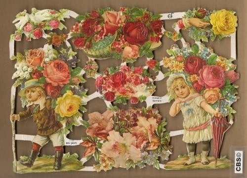 Kinderen met bloemen op rug poezieplaatjes 7185, Verzamelen, Poesieplaatjes, Ophalen of Verzenden