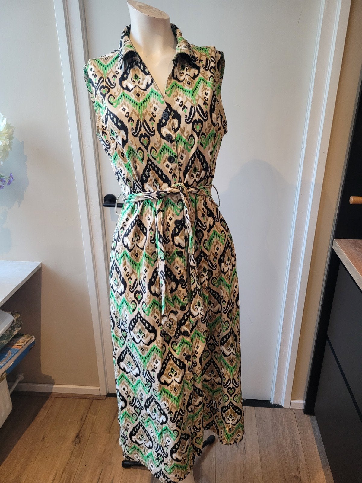 Leuke groene Lady day travelstof jurk maat S, Verzenden, Zo goed als nieuw, Knielengte, Groen