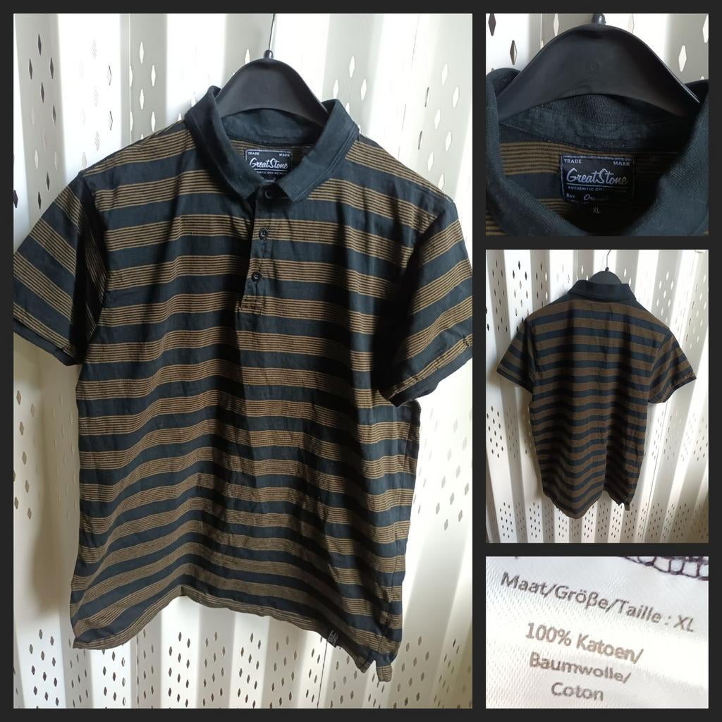 Great Stone Gestreepte Heren Polo Zwart Groen Maat XL, Maat 56/58 (XL), Ophalen of Verzenden, Gedragen, Great Stone
