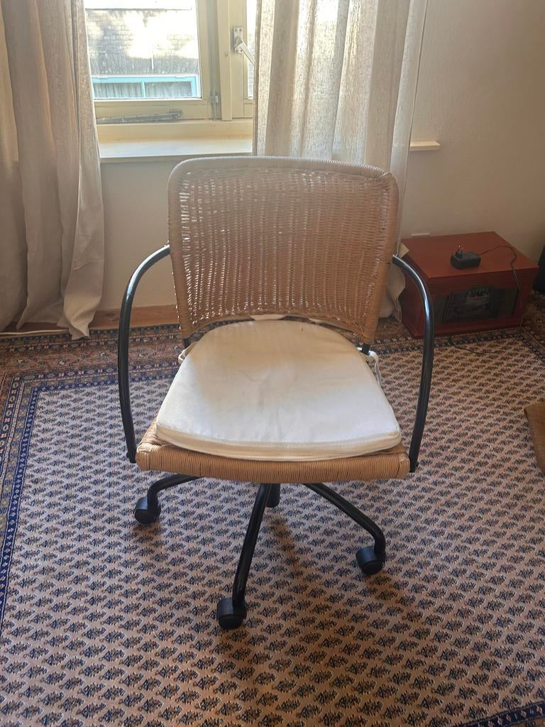 Rotan Bureaustoel met Wieltjes en Kussen, Ophalen, Gebruikt, Bruin, Bureaustoel