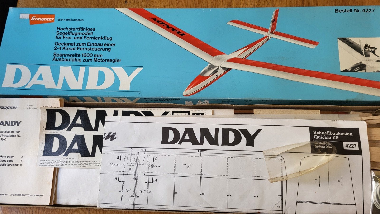Vintage Graupner Dandy zweefvliegtuig modelbouw nr 4227, Hobby en Vrije tijd, Modelbouw | Vliegtuigen en Helikopters, Ophalen of Verzenden