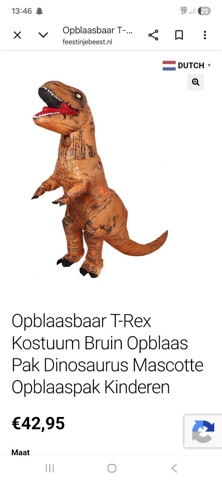 opblaasbare dinosaurus kostuum, 7 tot 10 jaar