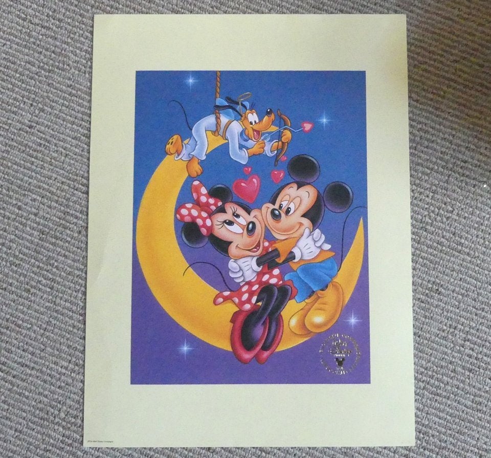 Walt Disney litho print Mickey Mouse Minnie Mouse Pluto 1995, Ophalen of Verzenden, Mickey Mouse, Gebruikt, Plaatje of Poster