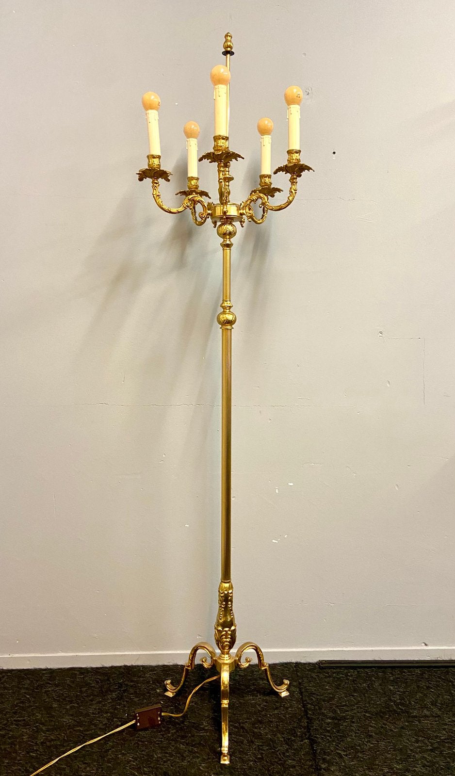 Prachtige 172 cm Messing staande lamp 5-arms kroonluchter, Ophalen, Koper of Brons